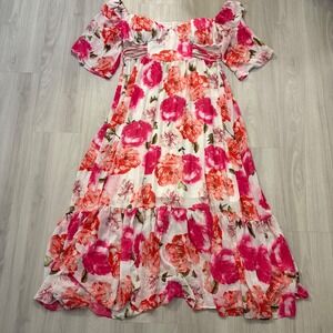 Giffini Womens Maxi Dress Pink Floral Cut Out Sweetheart Neck Tiered Skirt 3XL